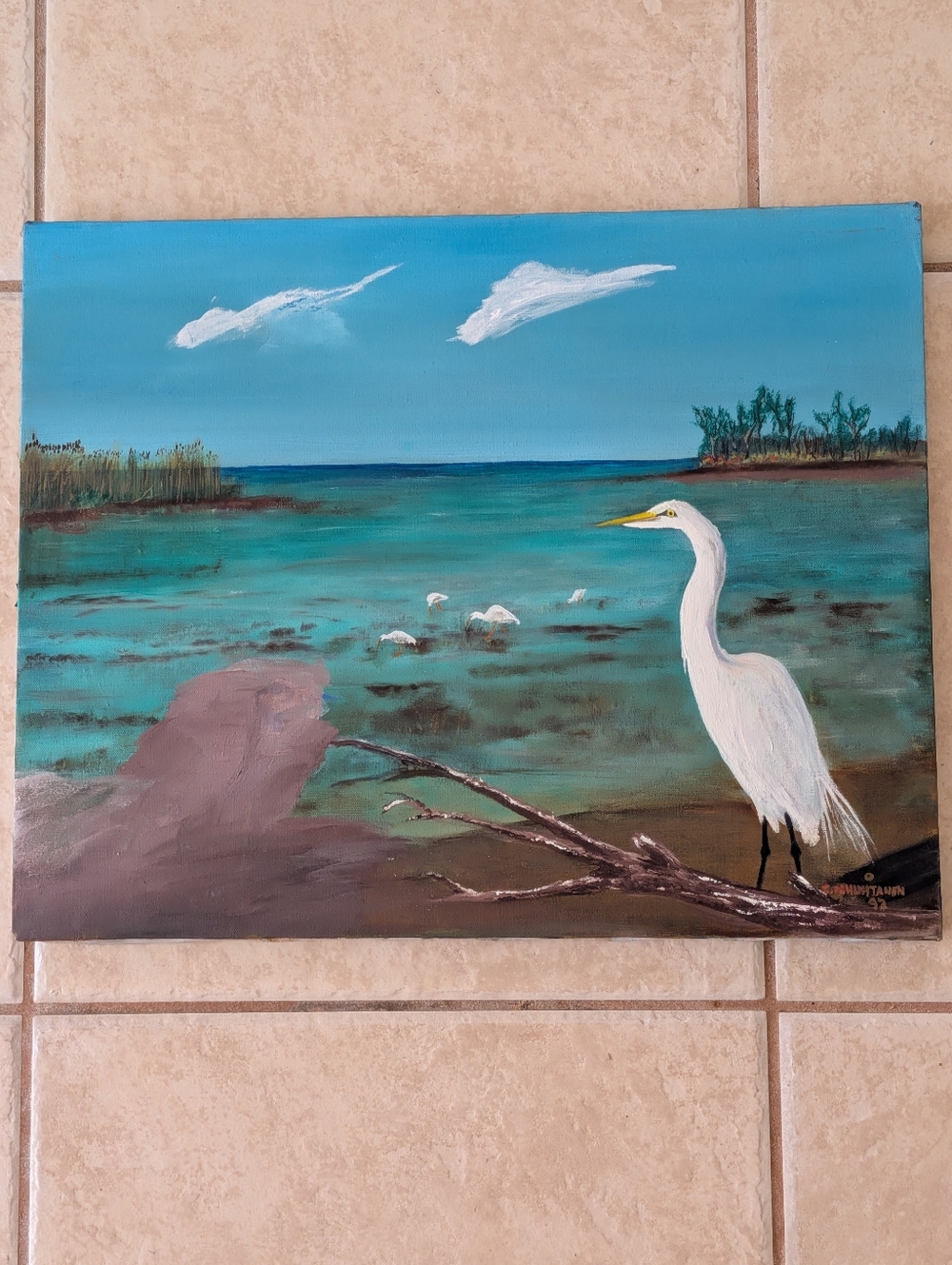 Vintage White Cranes Beach Ocean Oil Painting On Canvas